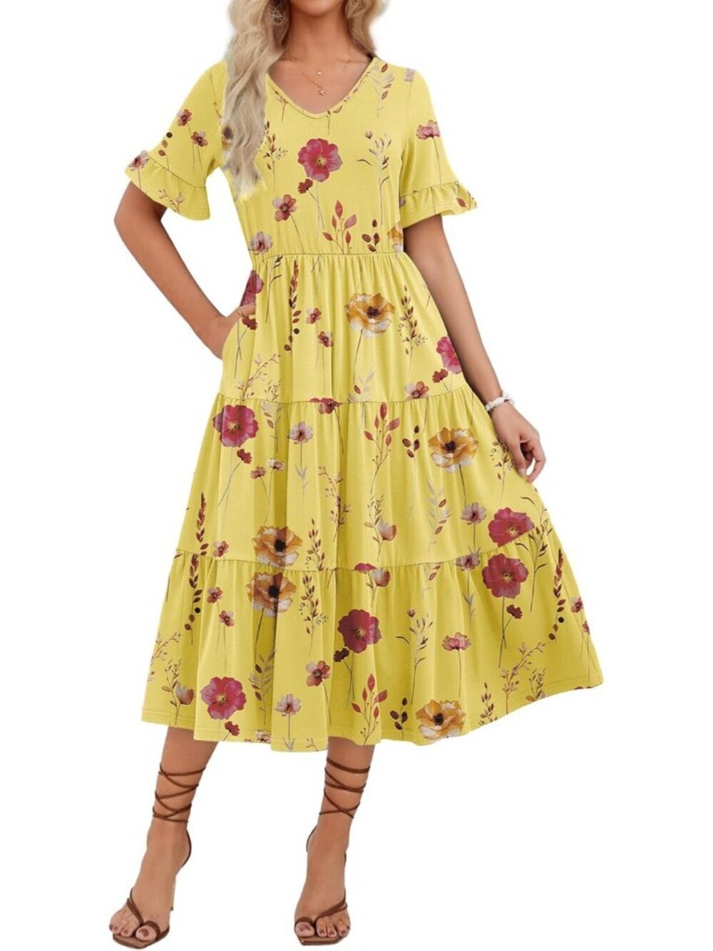 Zeagoo Women's Yellow Floral Tiered Casual  V Neck Ruffle Short Midi Maxi Dress